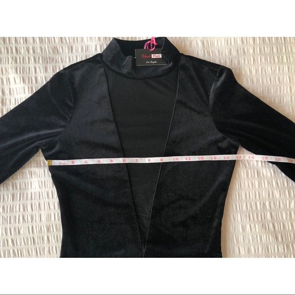 Long Sleeve Black Mesh Plunge Velvet Body Suit - Picture 7 of 11